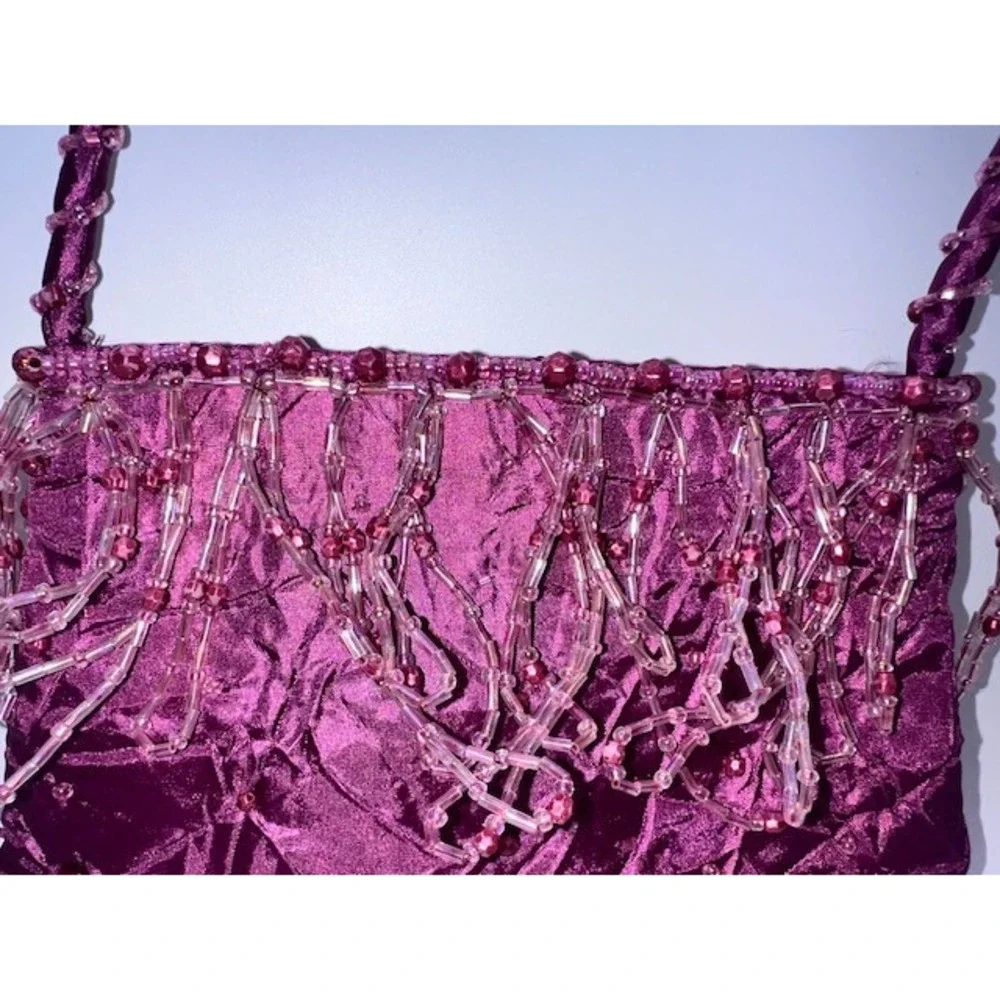 VTG Y2K FarNine Fuchsia Crinkle Satin Beaded Fringe Bag 2000s Whimsygoth Party